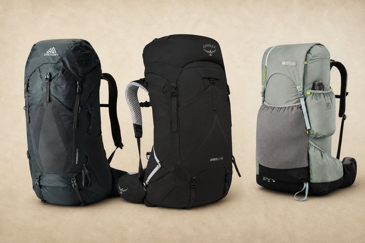 Side views comparing the three backpacks' suspension and back-panel designs