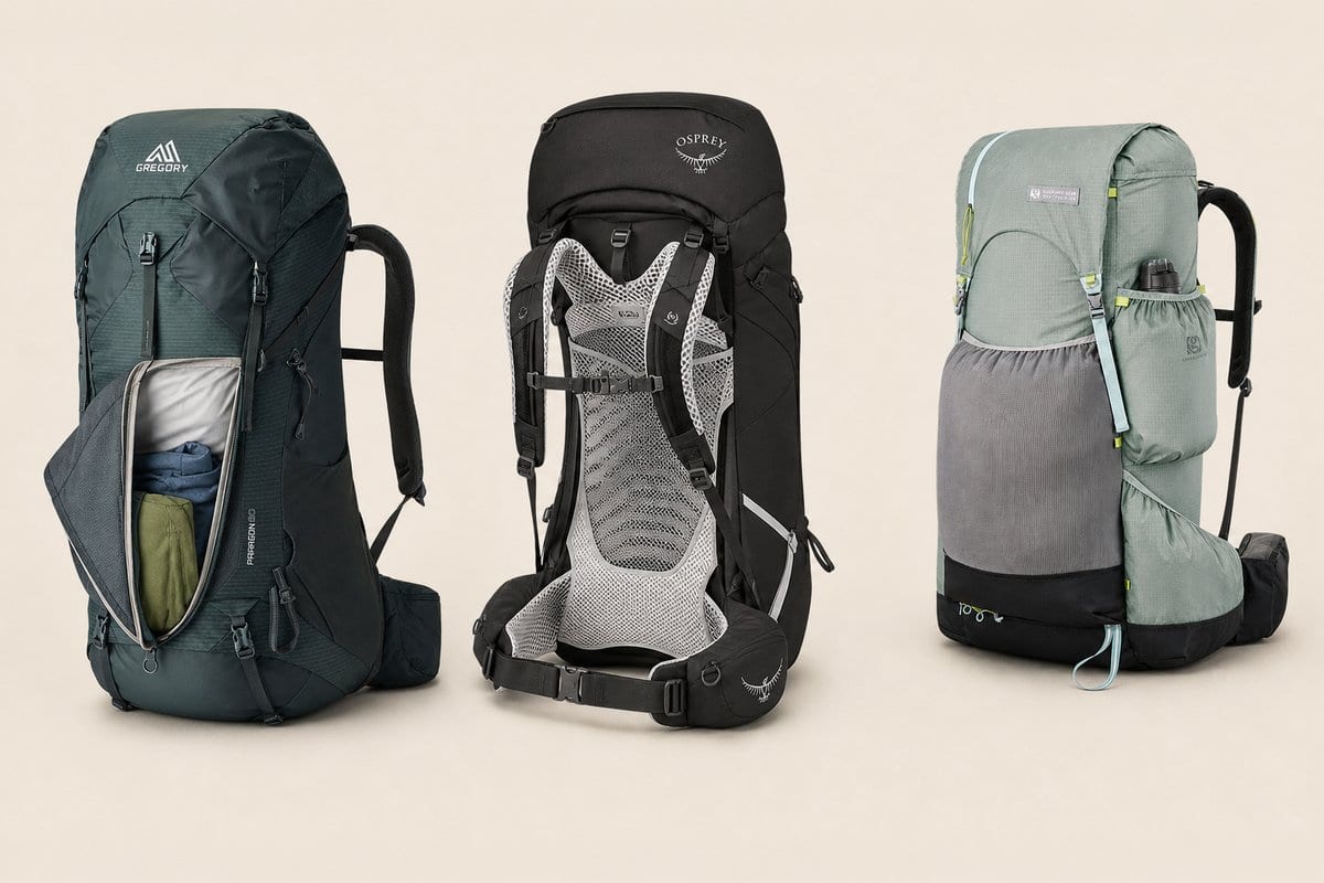 Exterior pocket and access layouts on the Paragon, Atmos AG LT, and Mariposa backpacks