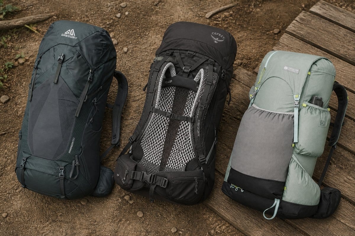 Three loaded backpacks illustrating conventional, ventilation-first, and lightweight carry boundaries