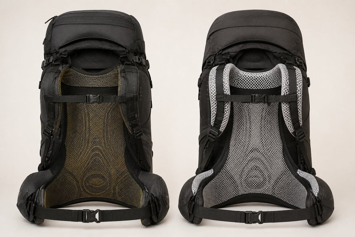 Detail of the Osprey Anti-Gravity trampoline mesh back panel on both the Atmos AG 65 and AG LT 65.