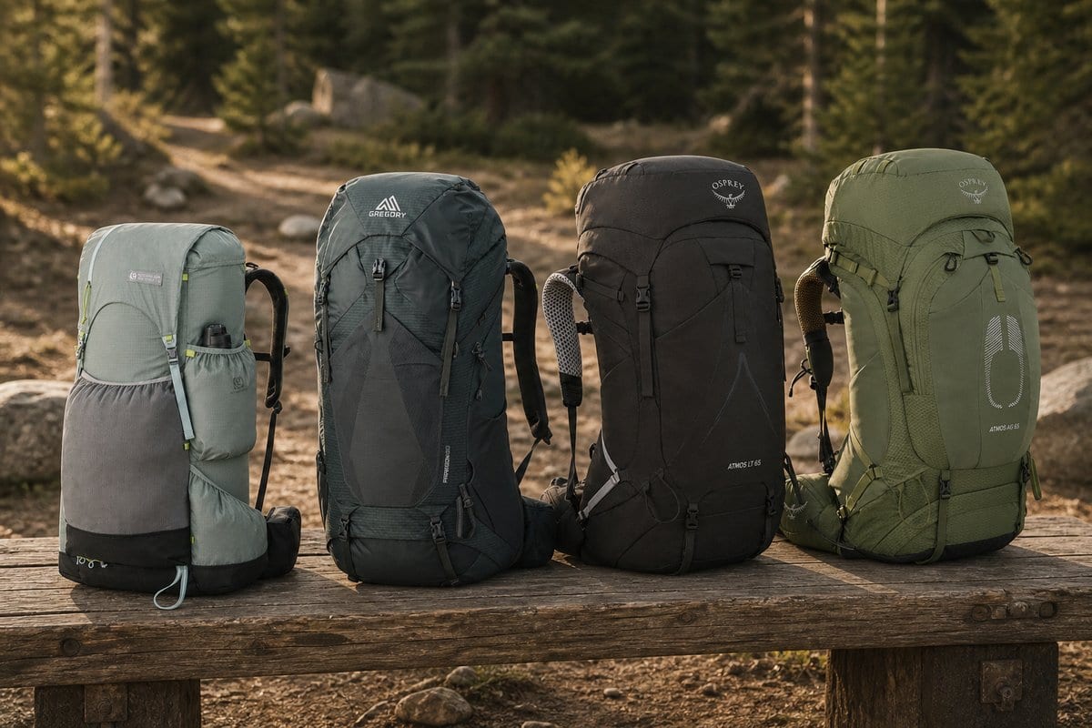 The four multi-day backpacks sorted by weight on a bench, from light to heavy pack.