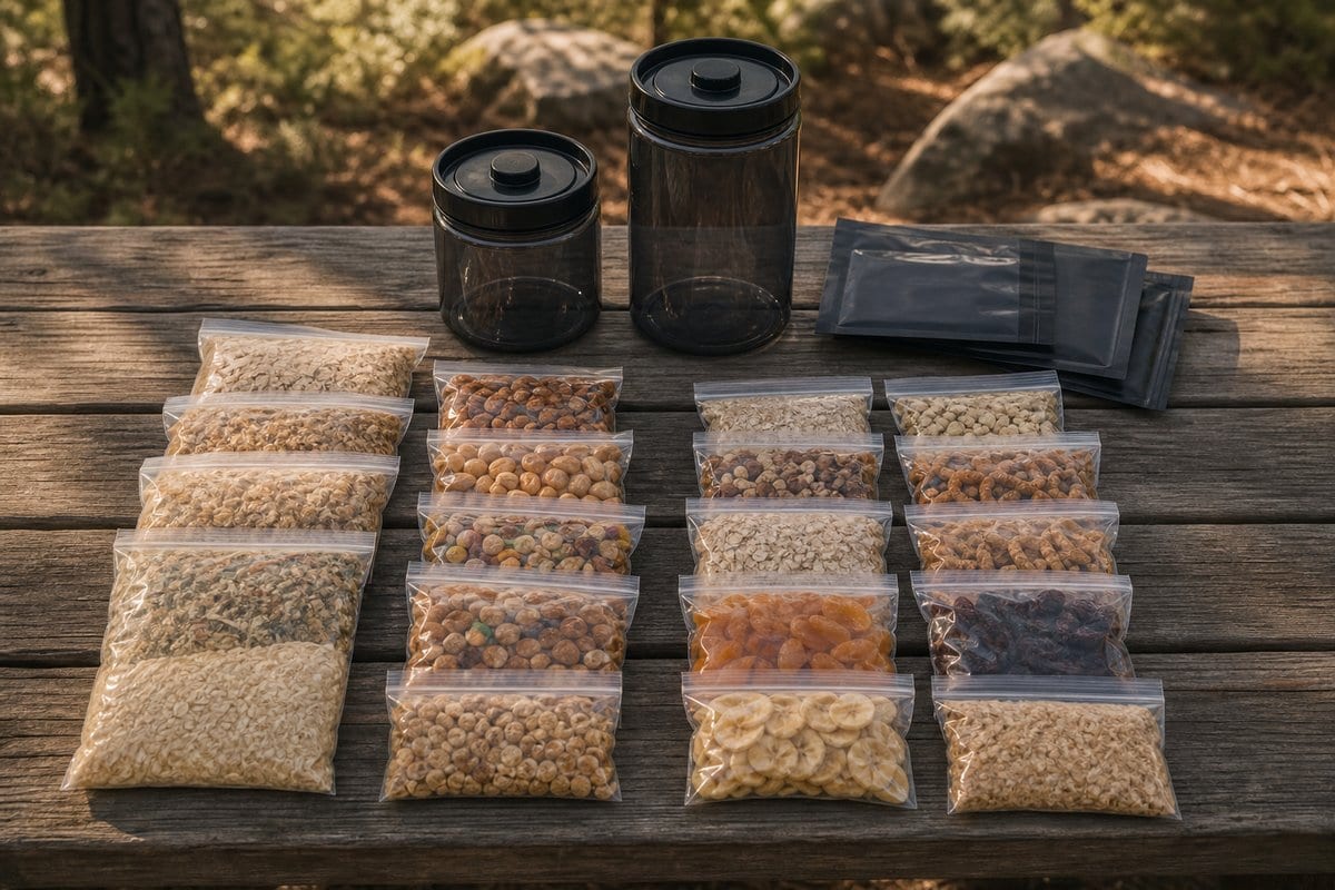 Repackaged backpacking food arranged next to small and large bear canisters