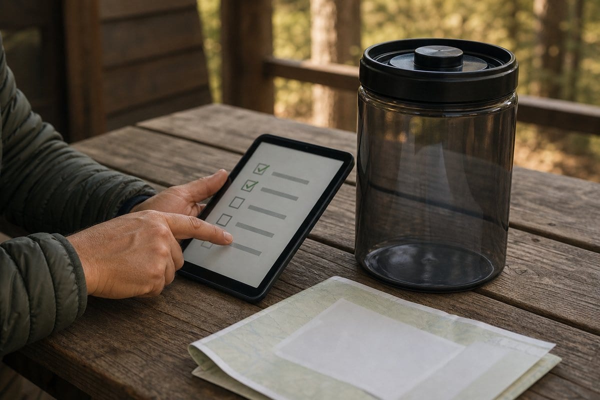 Backpacker checking an approved bear canister list before packing food