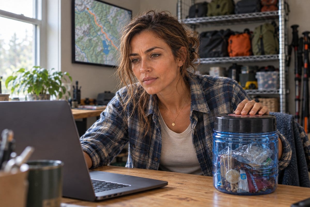 Backpacker checking an approved bear canister list before packing food