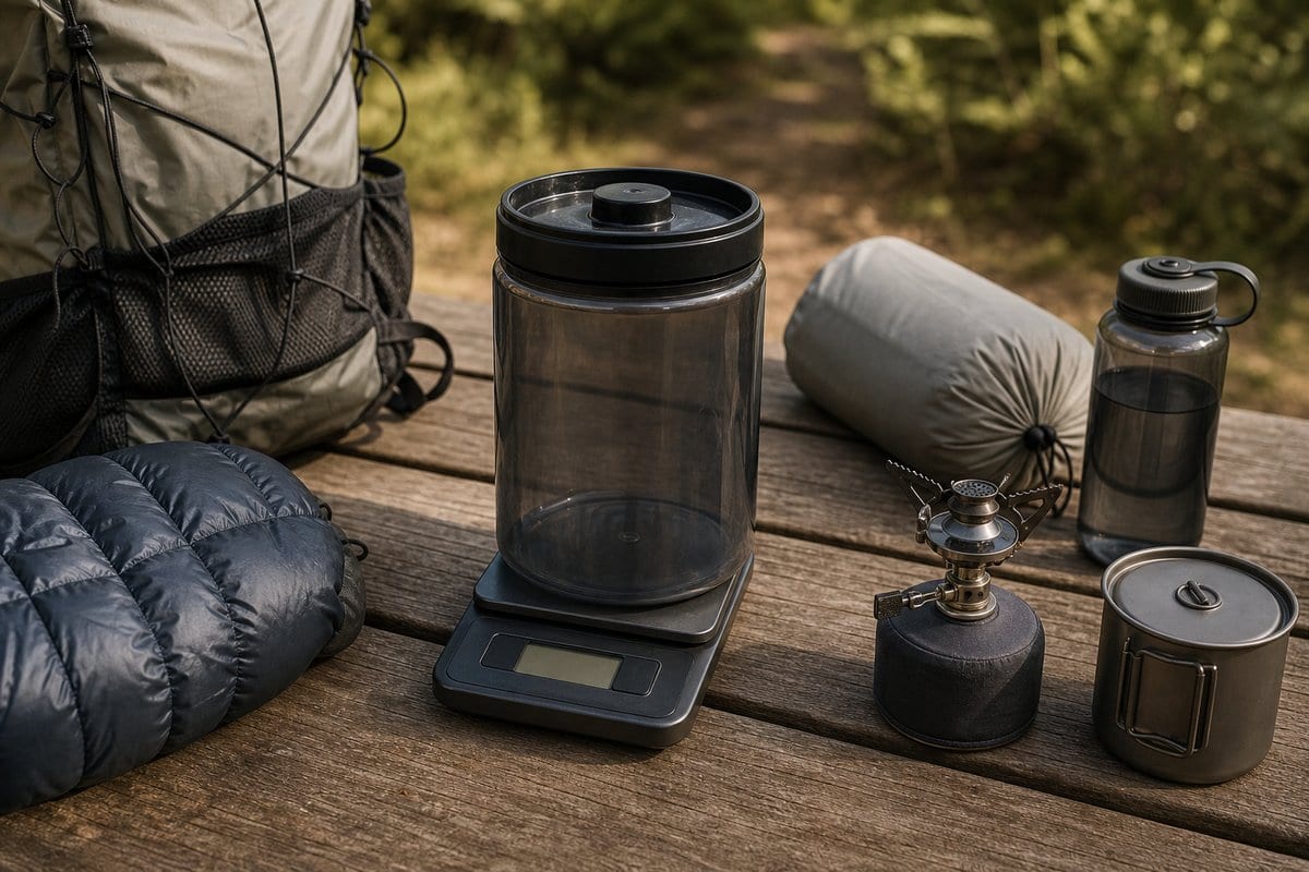 Bear canisters on a gear scale with repackaged food beside them