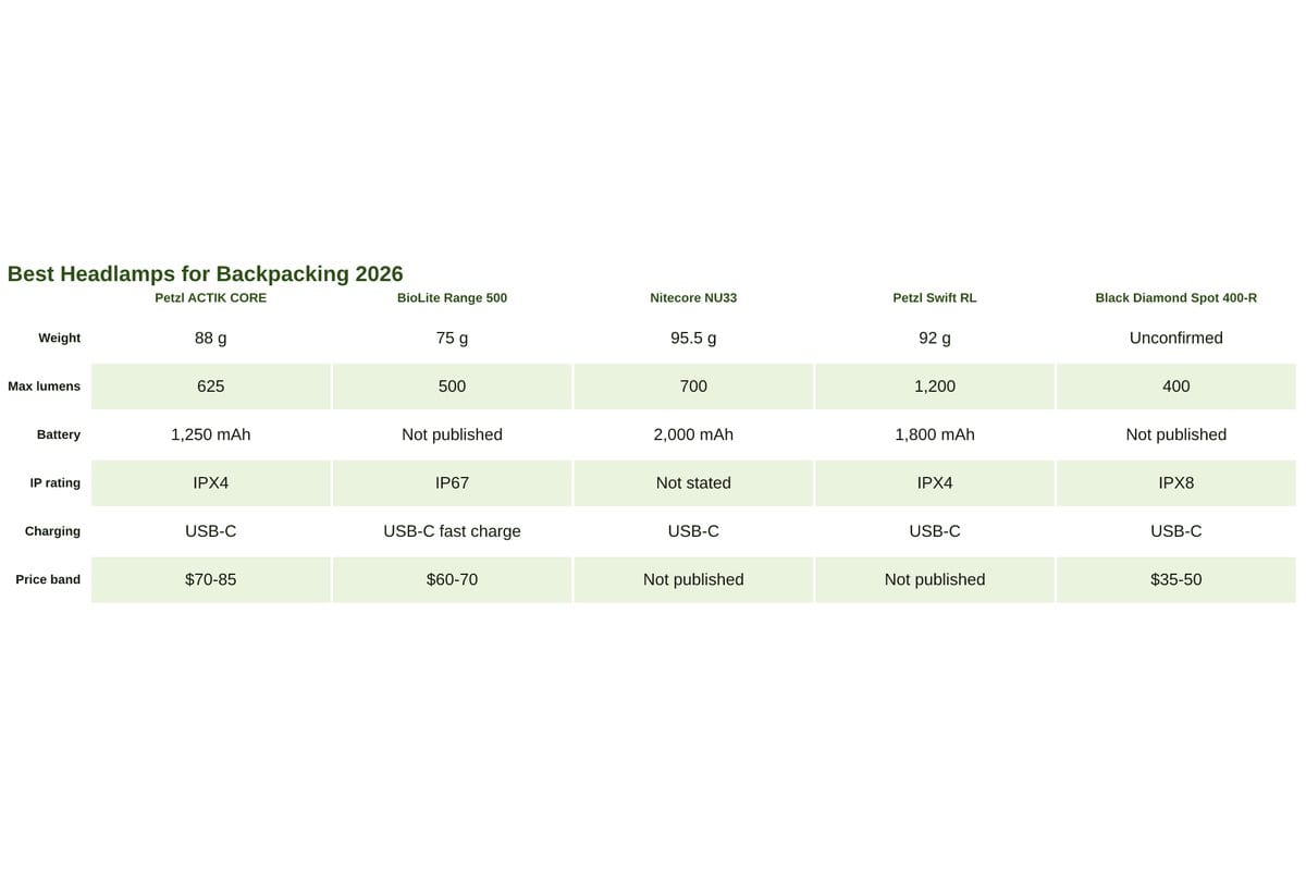 Spec comparison table of the five headlamps