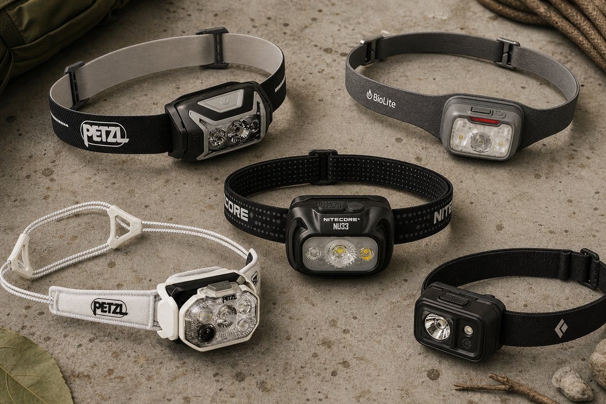 Five headlamps laid out flat on a table for comparison
