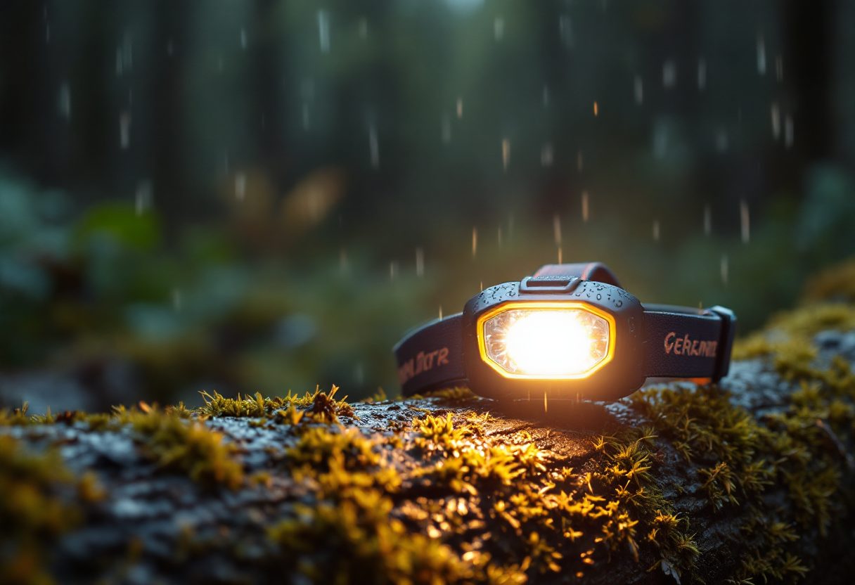 A weather-sealed headlamp catching rain on a headband at dusk