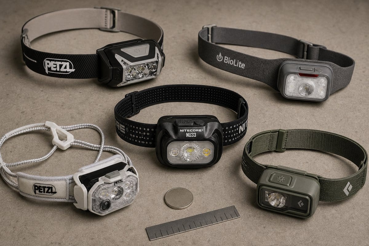 The five headlamps in this guide arranged on a scale