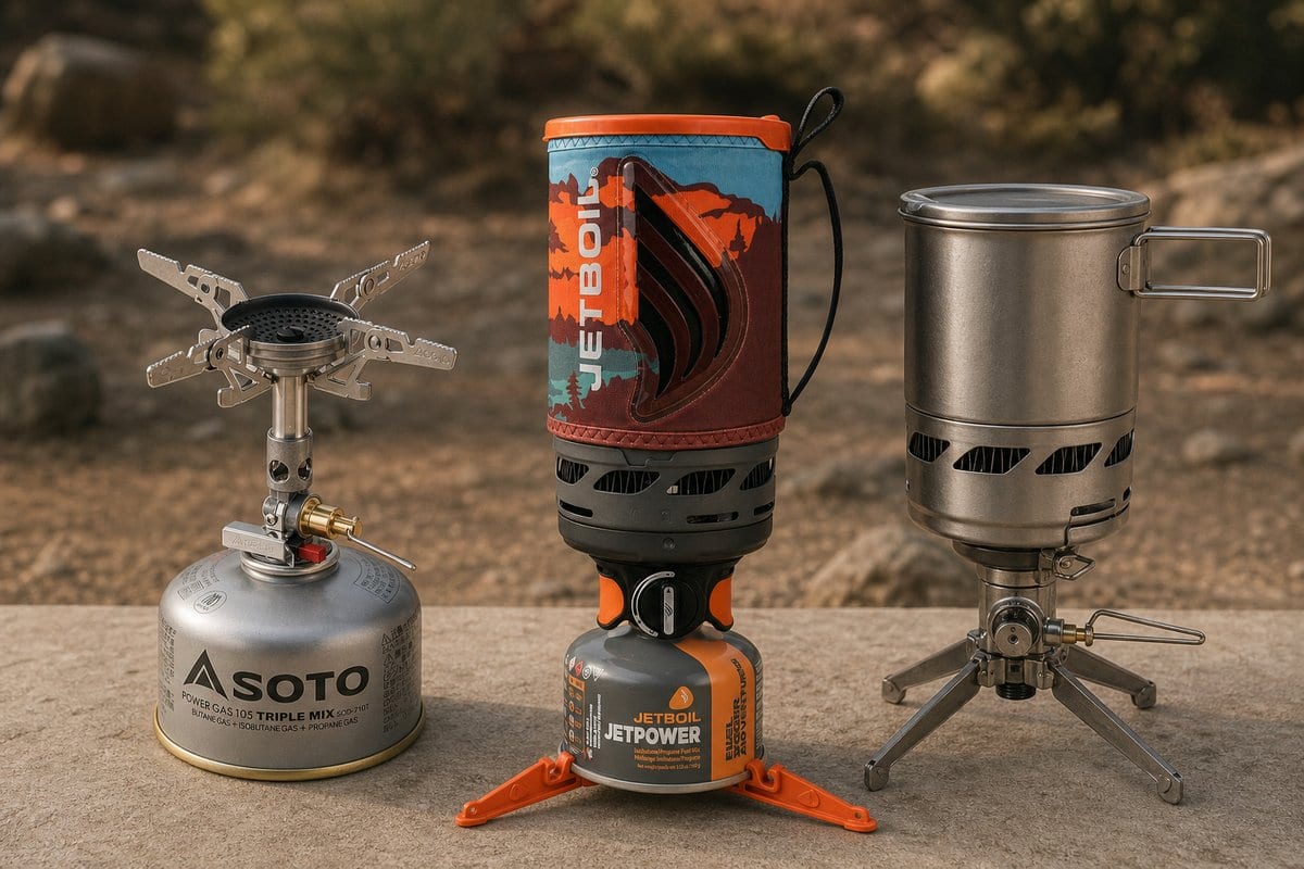 Three backpacking stove types side by side: a simple canister burner, an integrated pot system, and a windproof enclosed burner