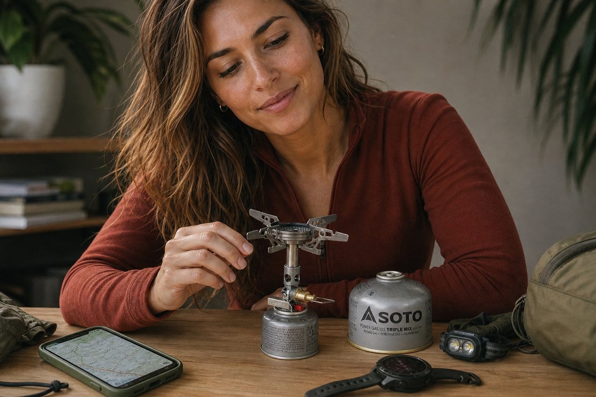 A 2.6 ounce canister stove beside a fuel canister for scale, showing how small ultralight burners pack