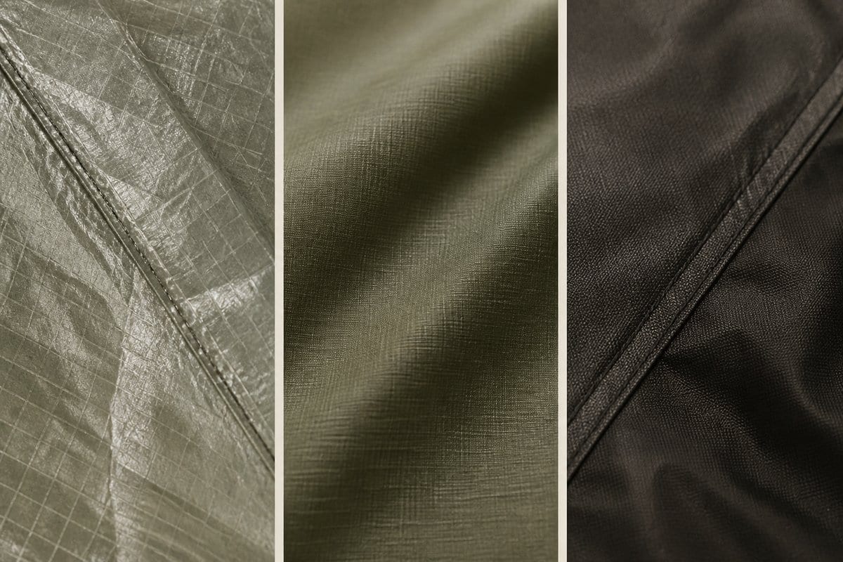 Close-up macro of DCF, silicone-coated polyester, and coated nylon fly fabrics