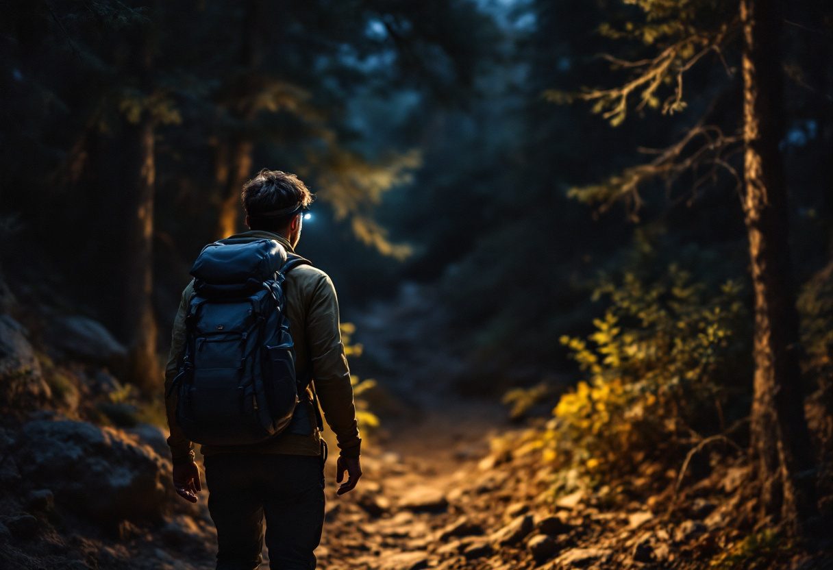 BioLite Range 500 lighting a trail at dusk with a focused beam and softer foreground spill