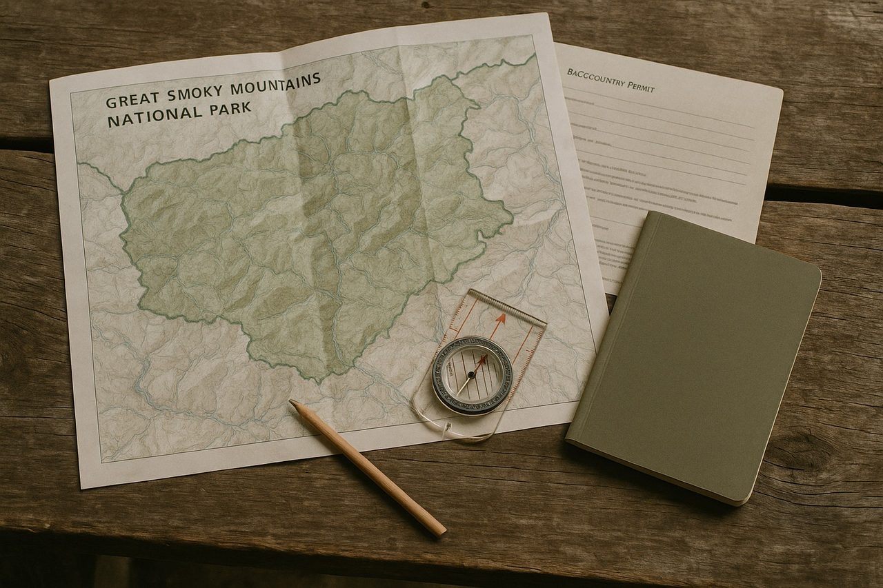 Paper map, permit, pencil, and compass used to check a reserved Smokies itinerary