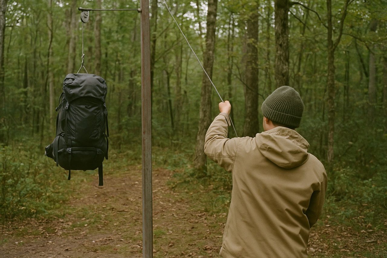 Backpacker using an installed bear cable near water-treatment supplies