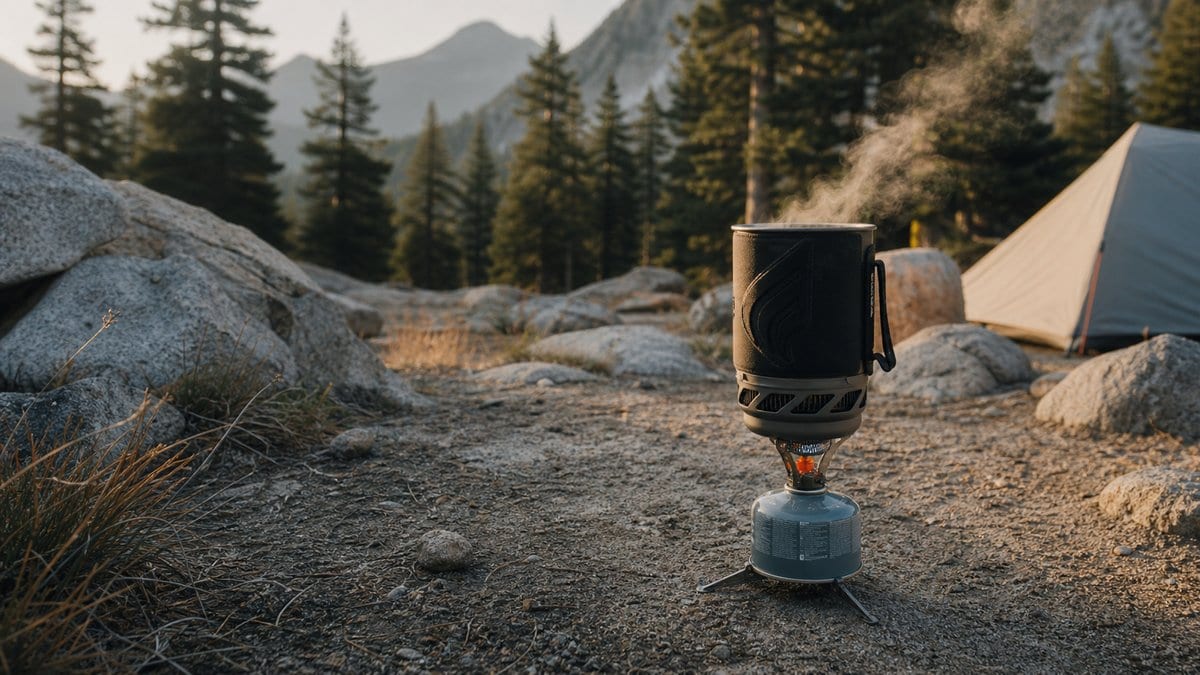 Steam rising from an integrated stove system on a breezy backpacking lunch stop
