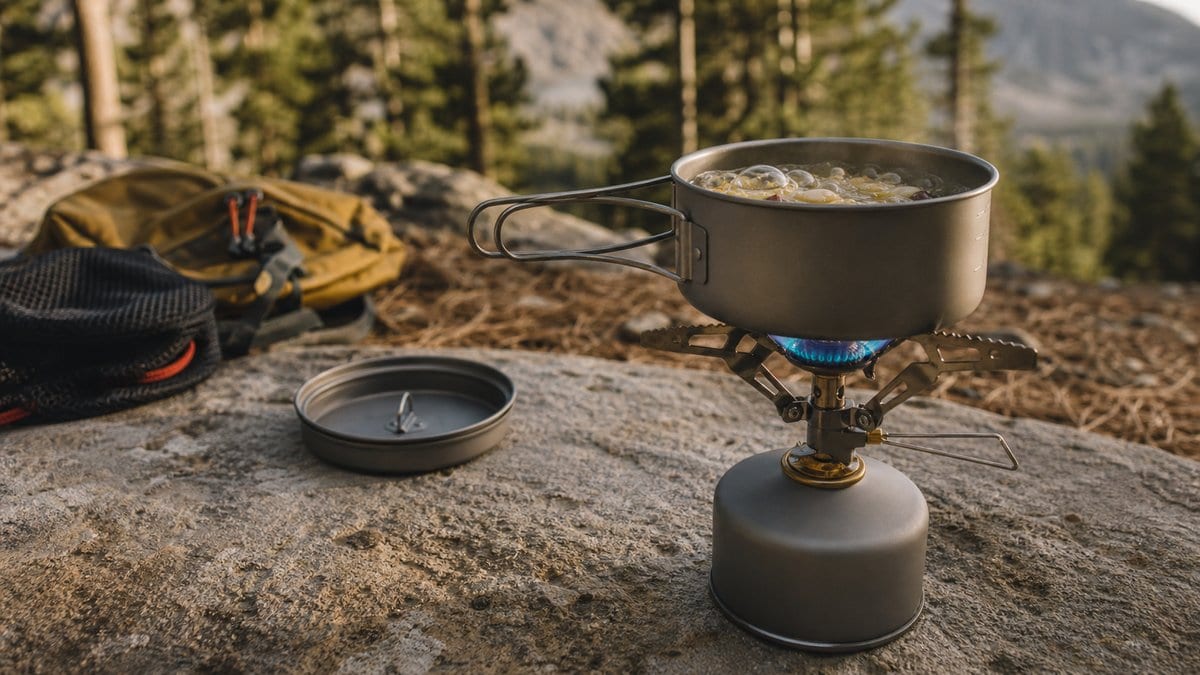 A small backpacking pot simmering over an upright canister stove