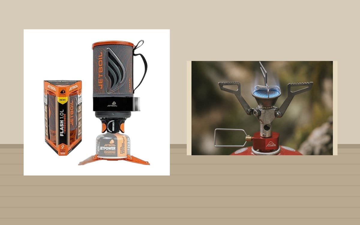 Jetboil Flash and MSR PocketRocket 2 cook systems staged side by side on a trail table