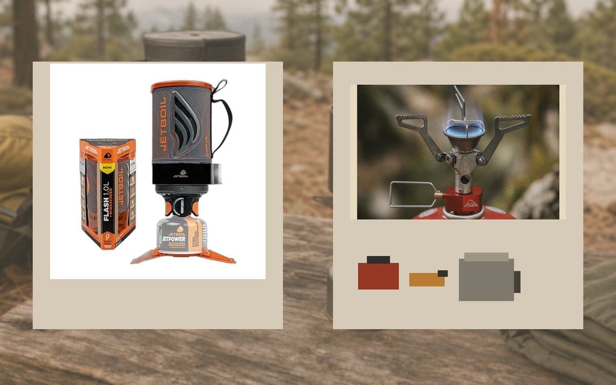 Packed Jetboil Flash beside a PocketRocket 2 stove, pot, lighter, and canister