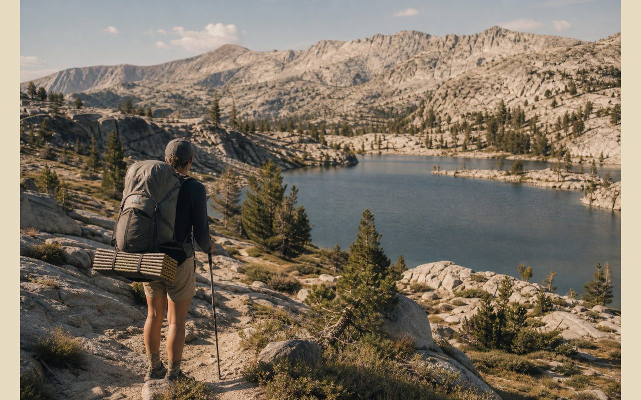 Backpacker looking over a granite basin in Sequoia and Kings Canyon high country