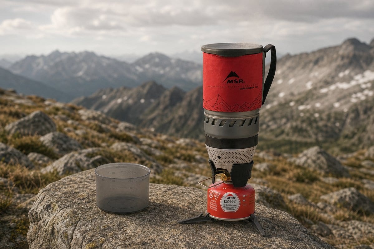 MSR WindBurner Personal stove boiling water on a stable exposed campsite surface