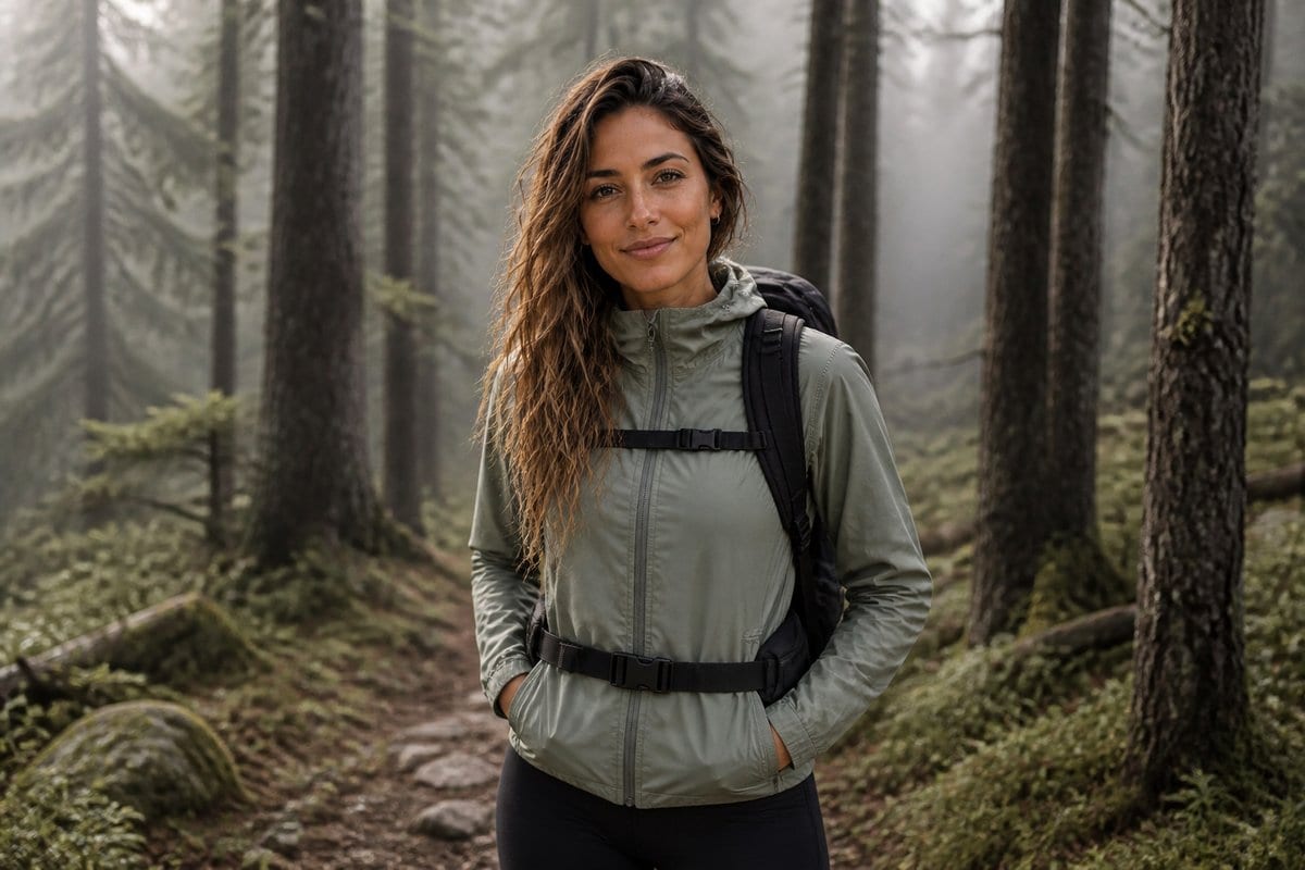 Brooke in a misty pine forest in soft grey light.
