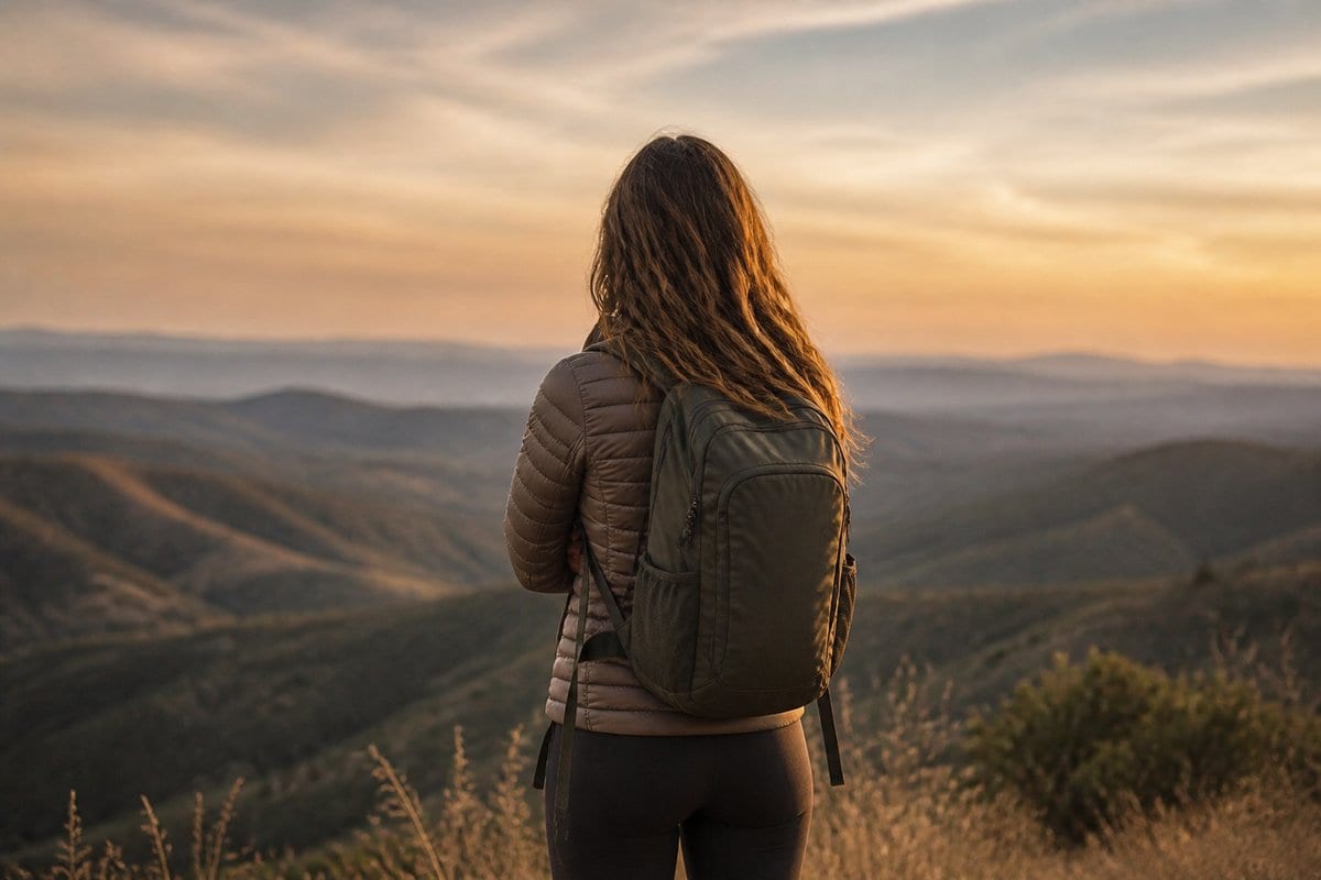 Brooke seen from behind on a hilltop at dusk.