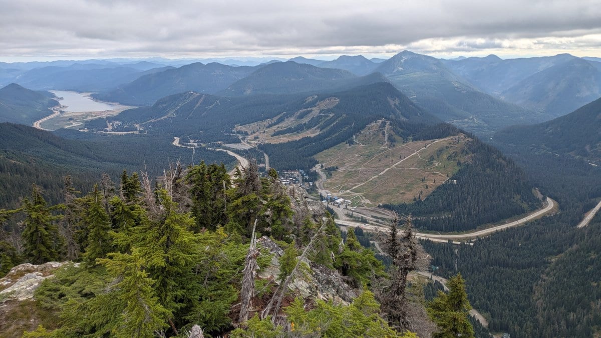 Snoqualmie Pass from Guye Peak, with I-90, the Summit ski areas and Keechelus Lake below.