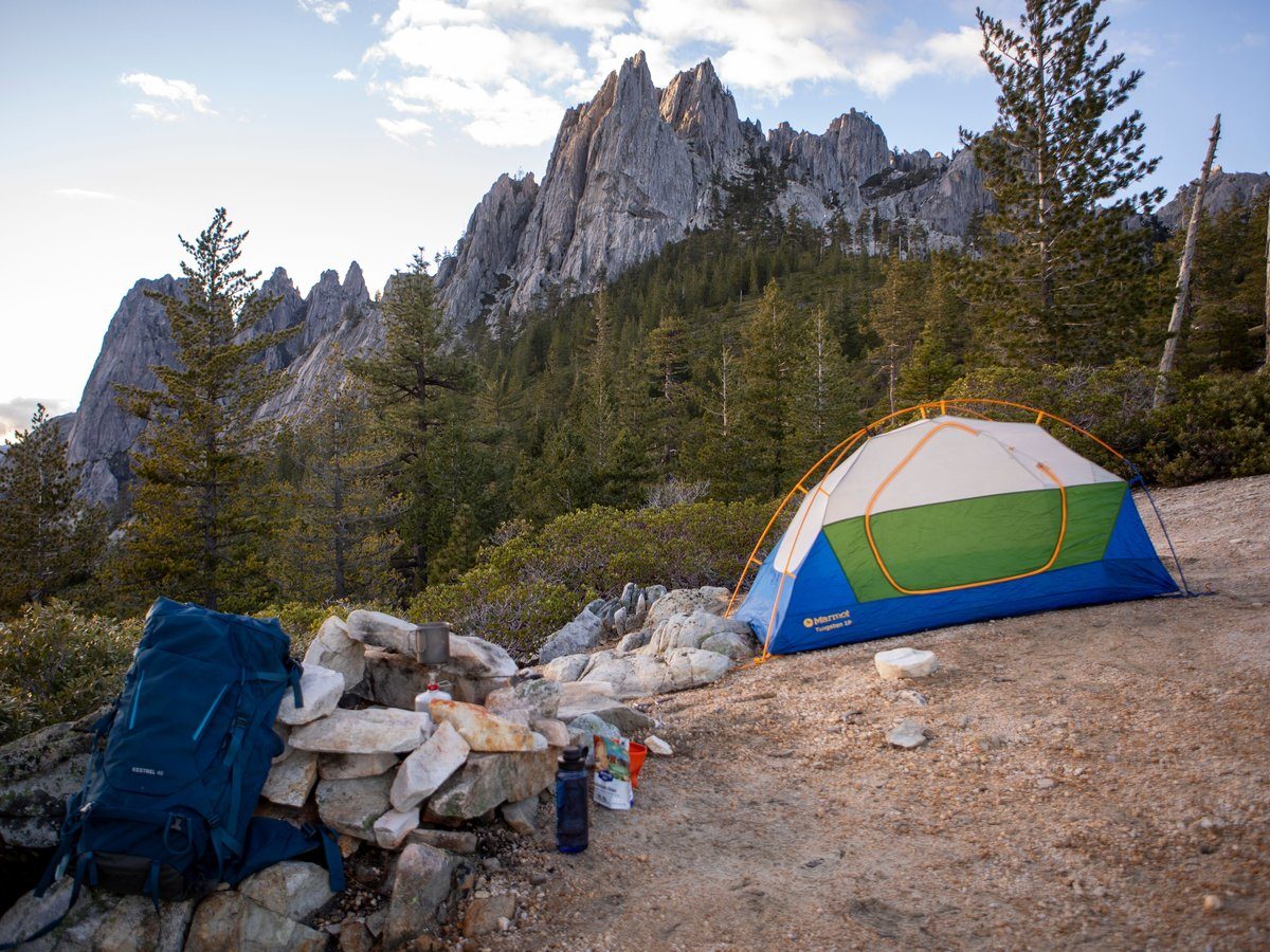 Backpacking camp setup on the Rae Lakes Loop during a realistic overnight stop.