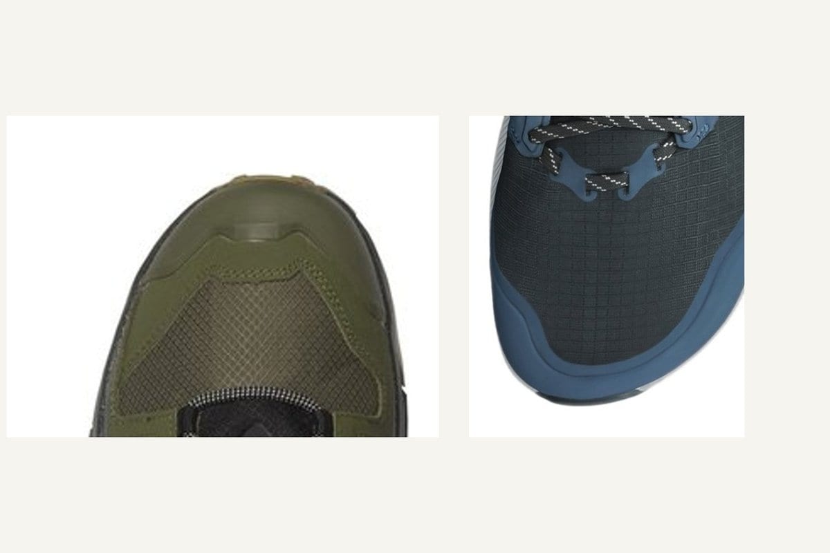 Top-down comparison of a structured mid boot and a roomy zero-drop trail runner.