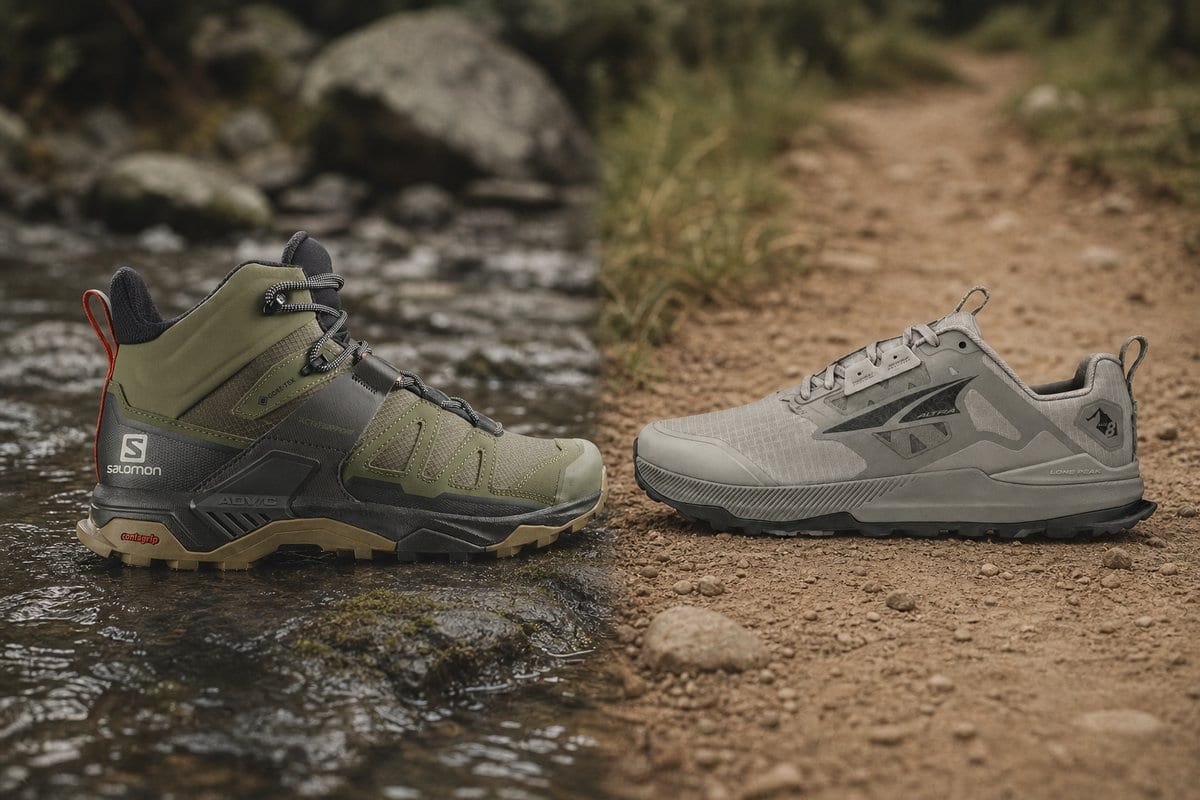 A waterproof mid hiking boot and a low trail runner shown on two different trail surfaces.