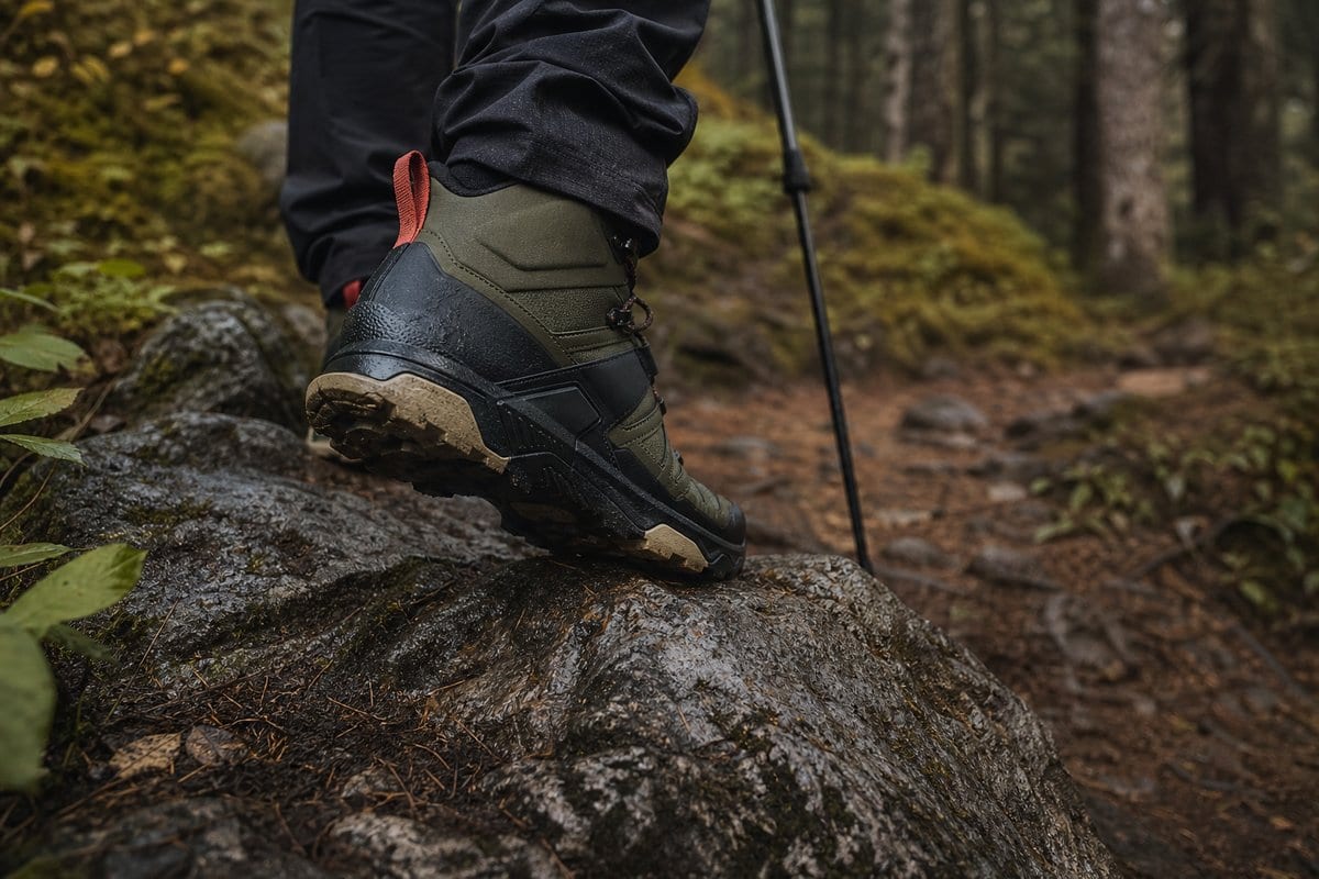 A backpacker stepping onto uneven rock while wearing a Salomon X Ultra 4 Mid GTX boot.