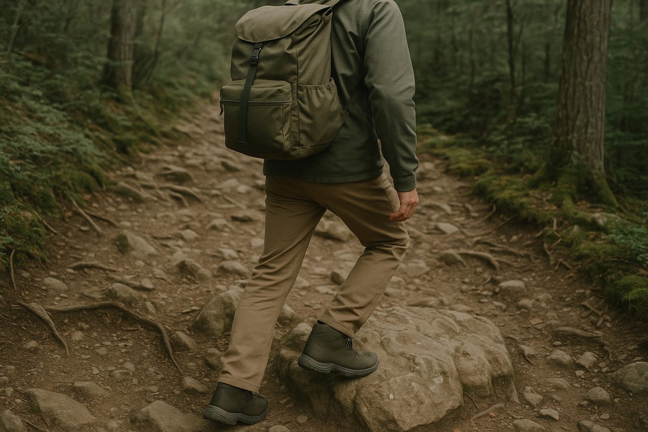 A backpacker stepping onto uneven rock while wearing a waterproof mid boot.