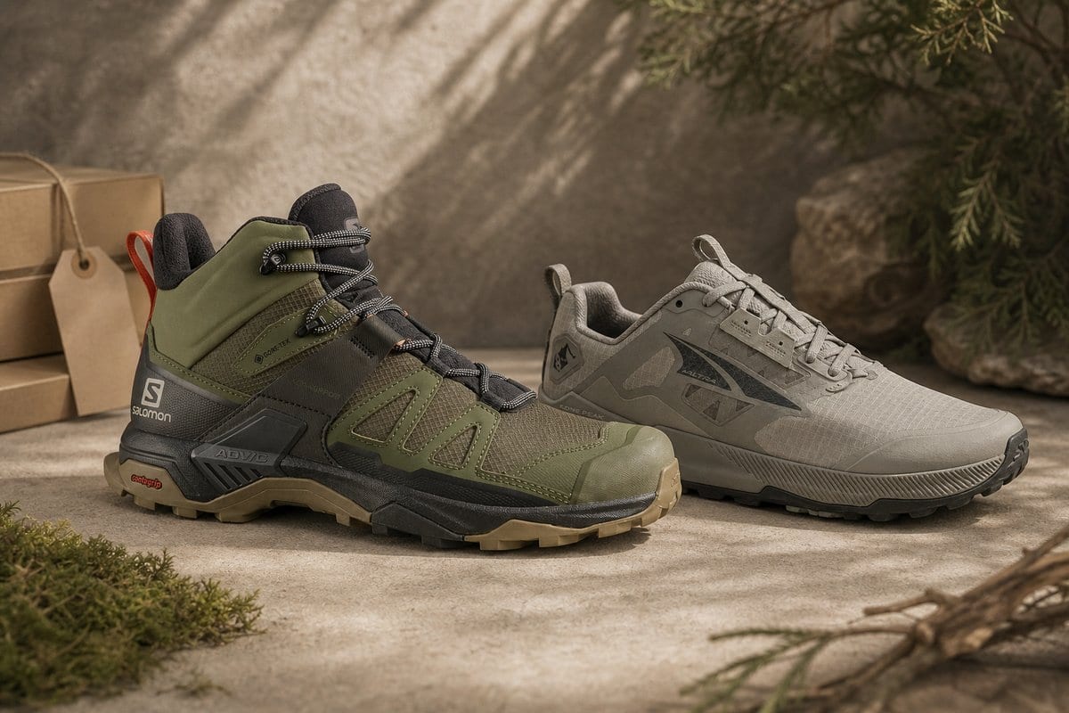 A hiking boot and trail runner shown with neutral product context and no readable text.