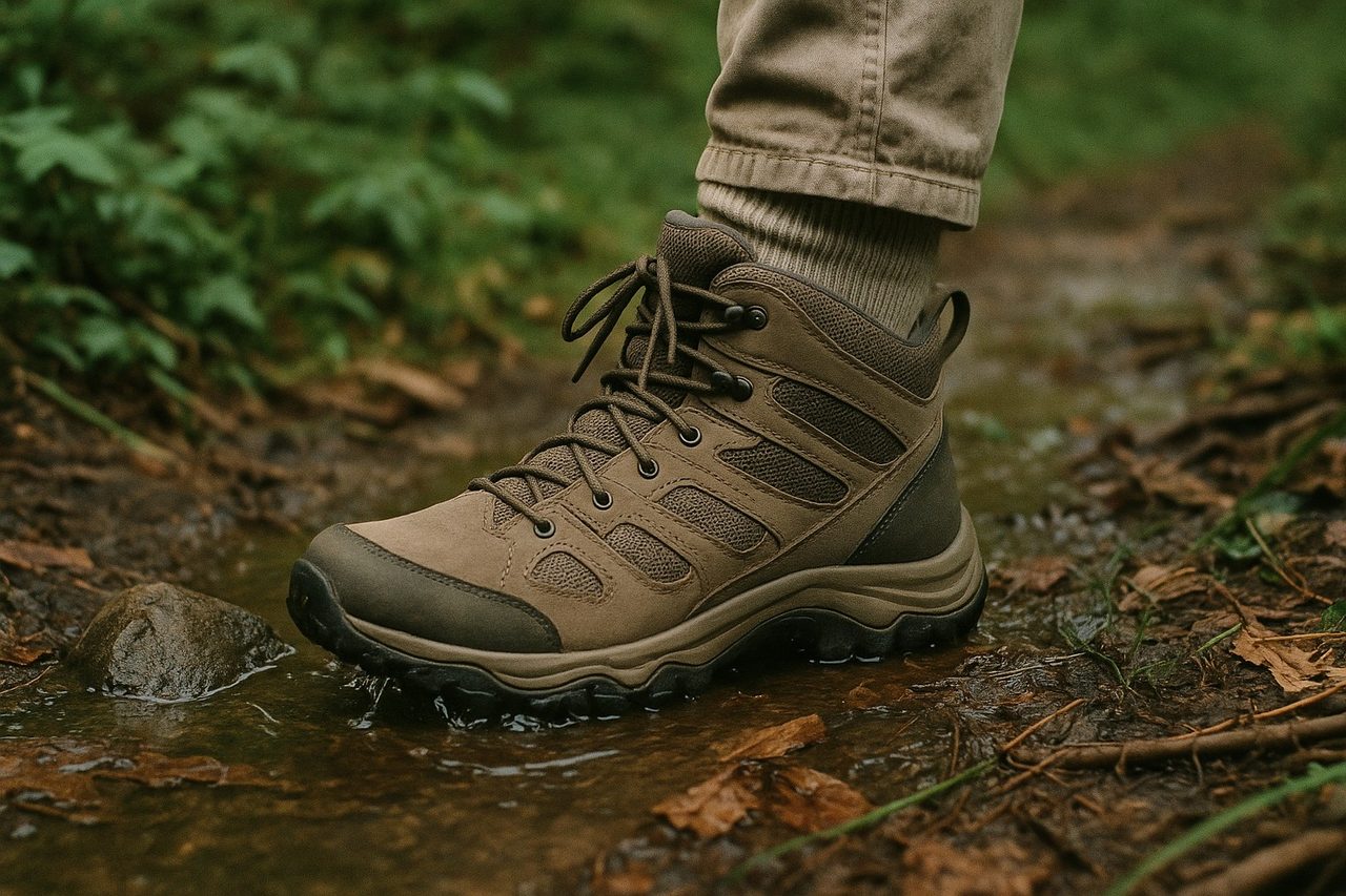 A waterproof mid boot on wet rock beside a breathable trail runner on dry singletrack.