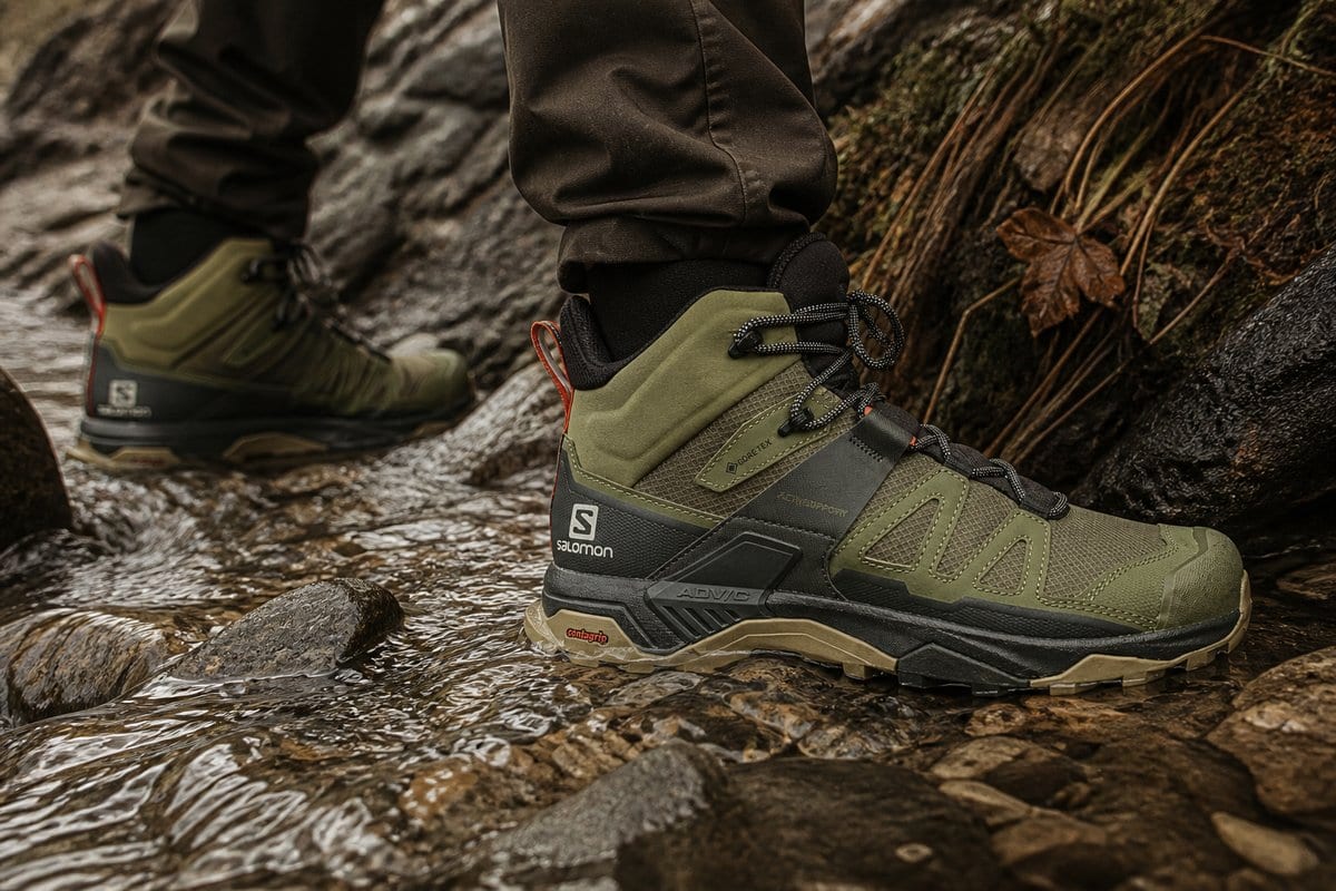 A waterproof mid boot on wet rock beside a breathable trail runner on dry singletrack.
