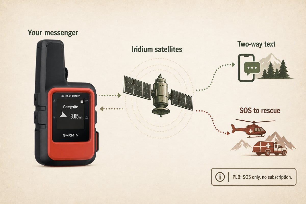 Garmin inReach Mini 2 satellite communicator on a backpack strap